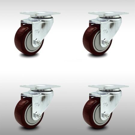 3 Inch SS Maroon Polyurethane Wheel Swivel Top Plate Caster Set